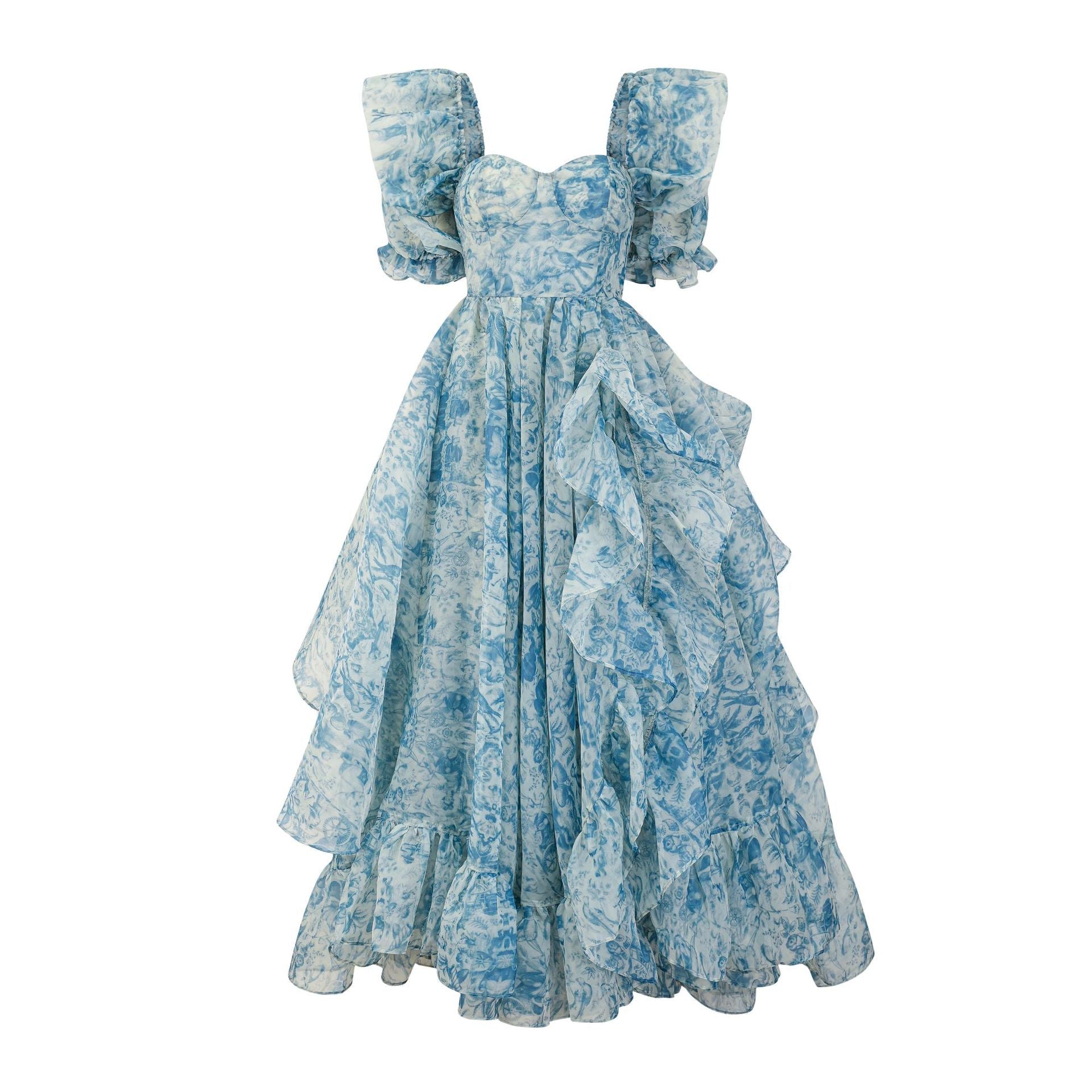 Blau Fairytale Kurze Puffärmel Floral Bedruckt Rüschen Split Brautjungfernkleider