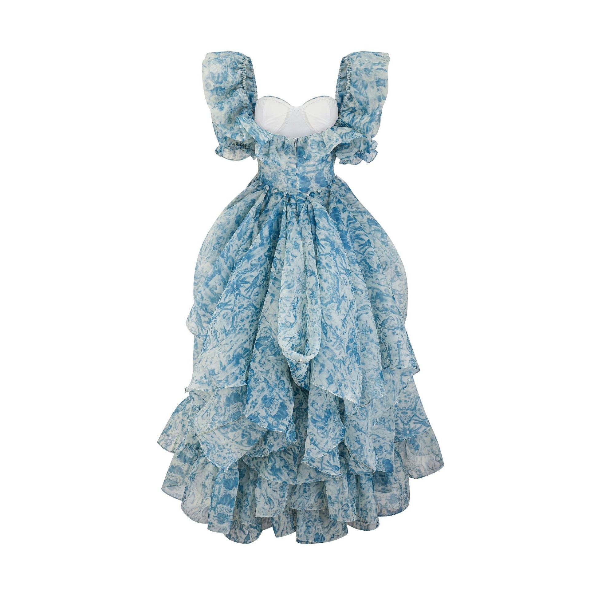 Blau Fairytale Kurze Puffärmel Floral Bedruckt Rüschen Split Brautjungfernkleider