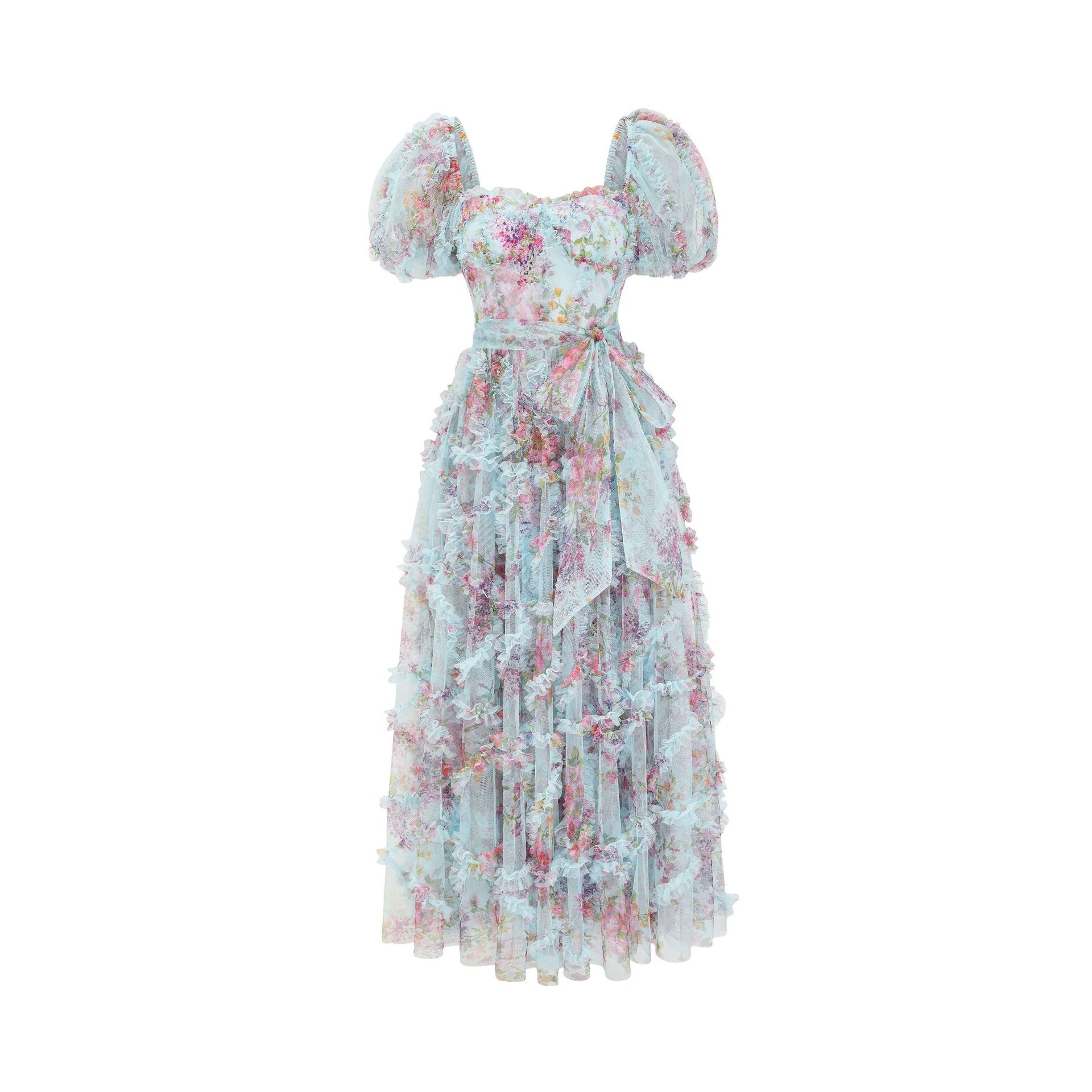 Prinzessin Floral Tulle Puffärmel Tiered Ruffled Abendkleider