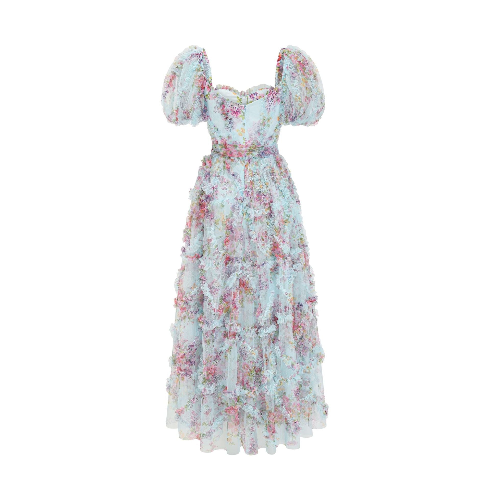 Prinzessin Floral Tulle Puffärmel Tiered Ruffled Abendkleider