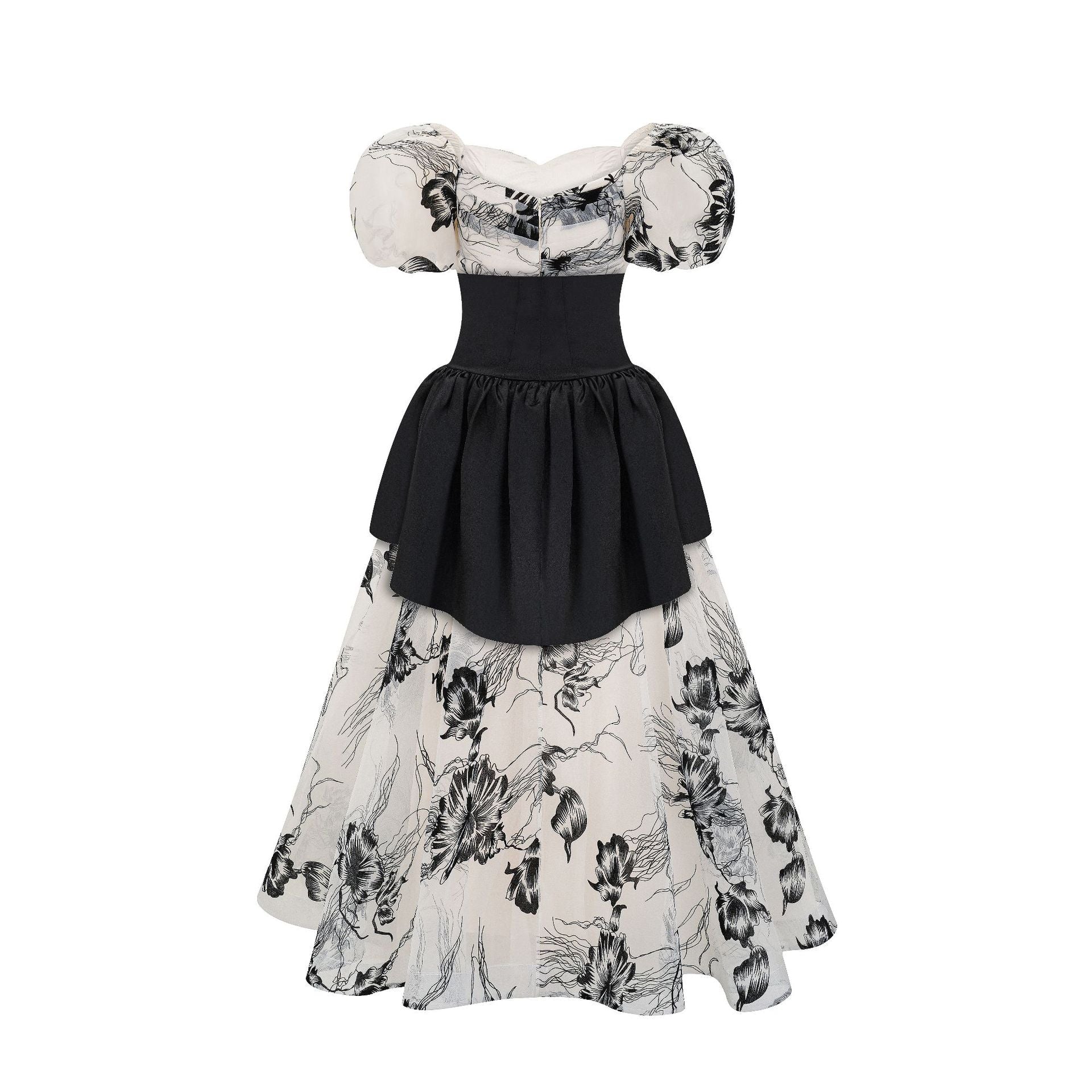 Retro Puffärmel Sweetheart Floral Organza Zweiteilige Abendkleider