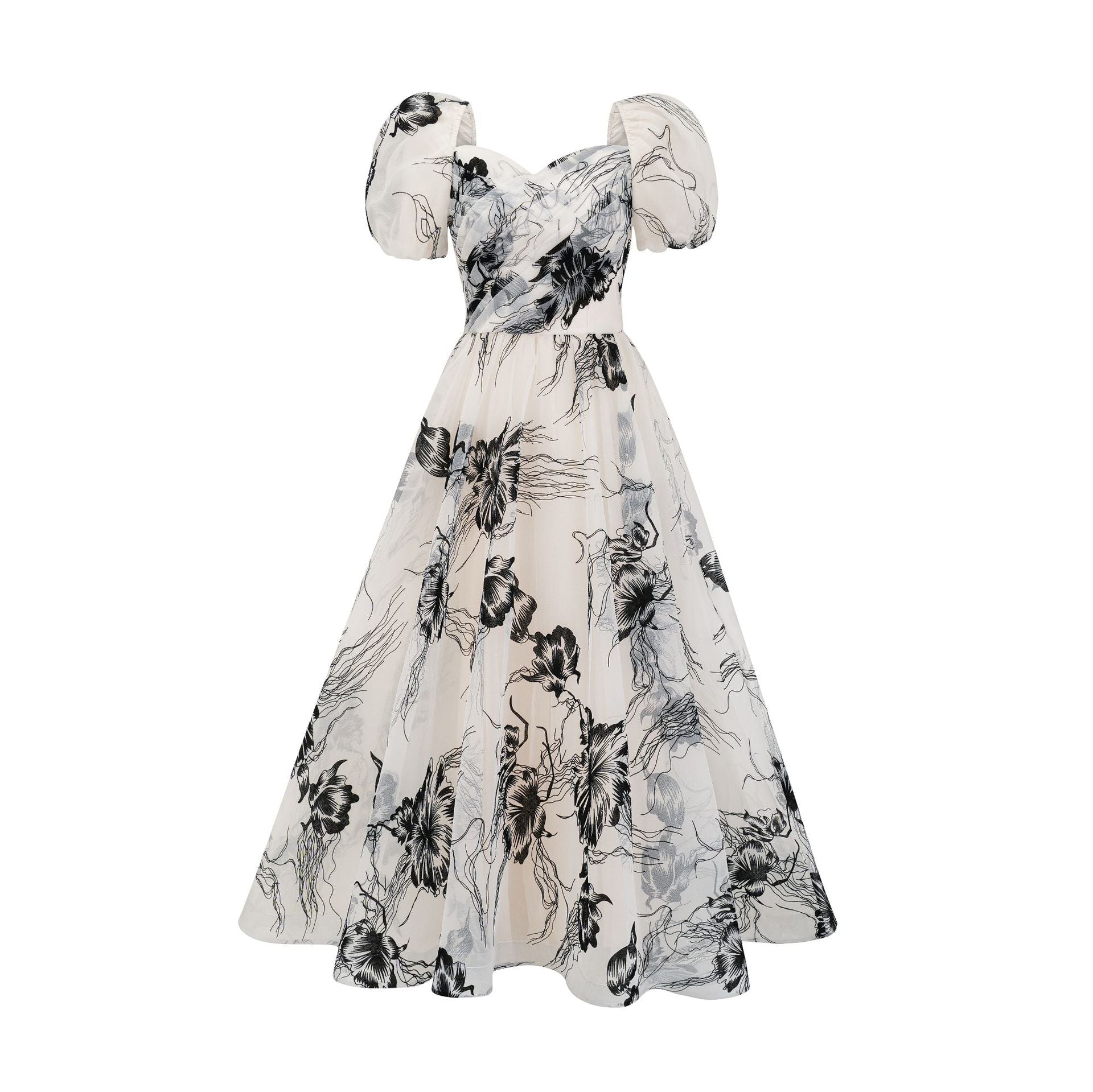 Retro Puffärmel Sweetheart Floral Organza Zweiteilige Abendkleider