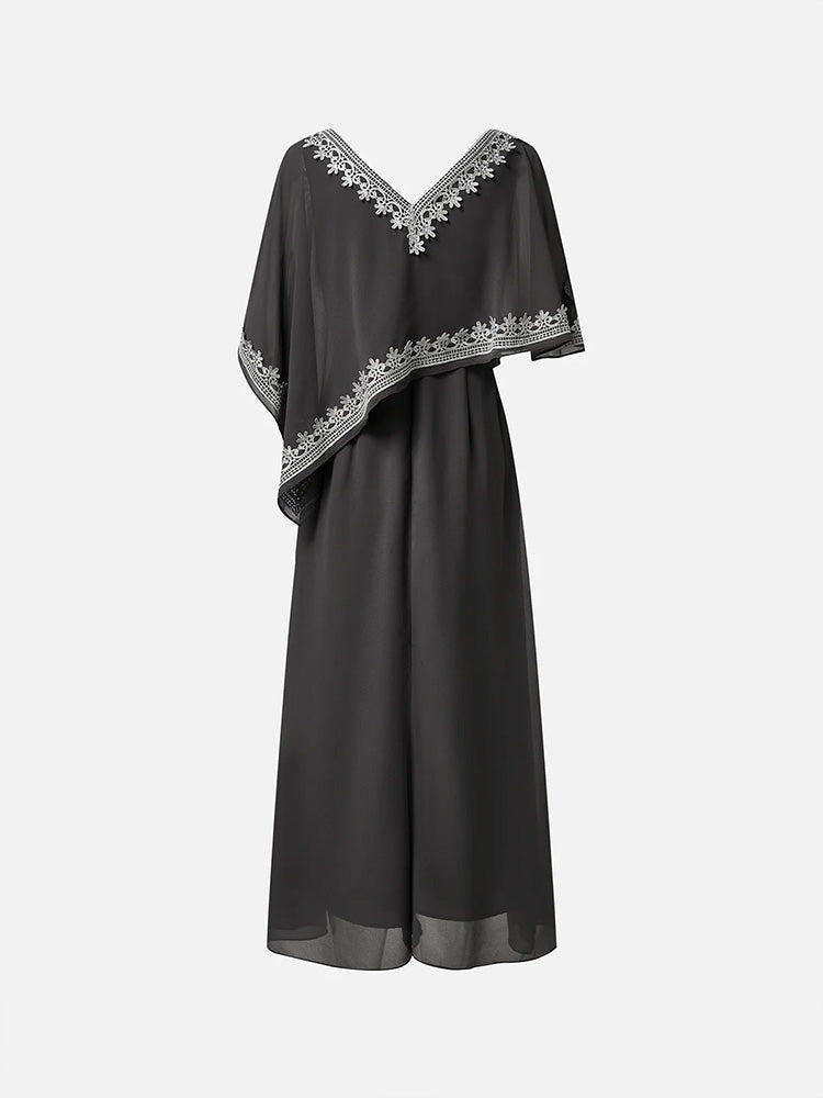 Halbe Ärmel V-Ausschnitt Tee Länge verschönert Cape Chiffon Mutter der Braut Kleid