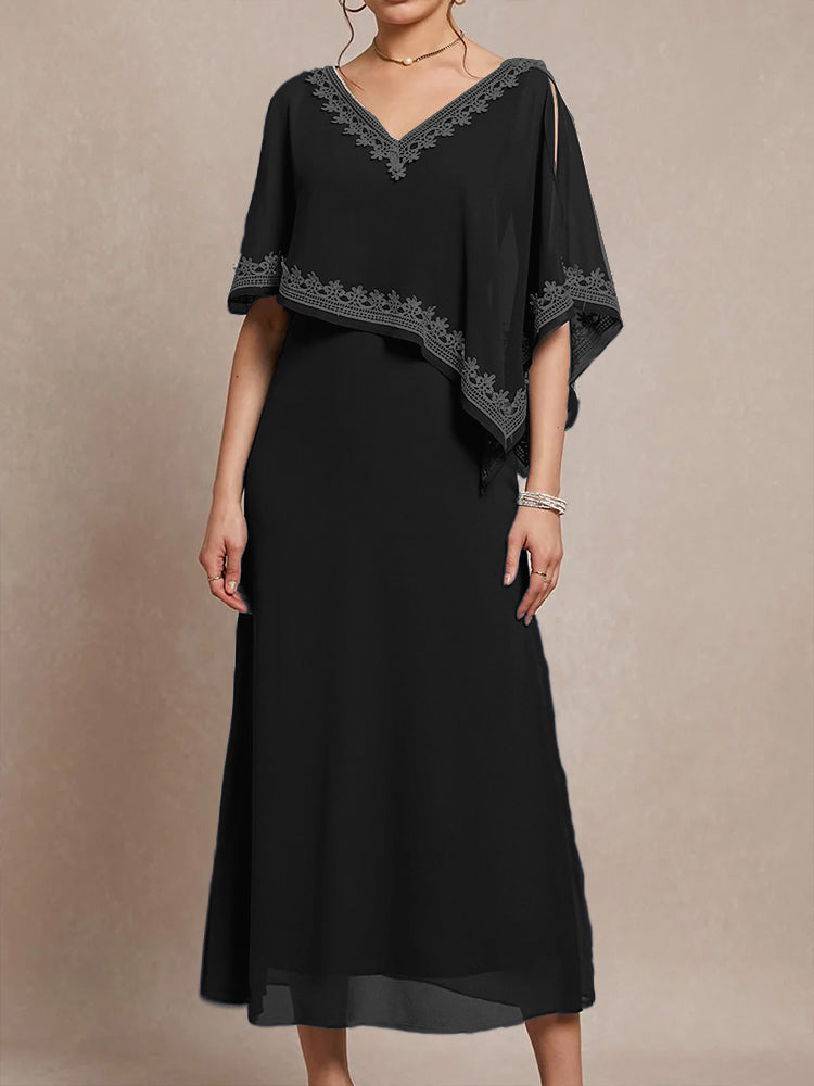 Halbe Ärmel V-Ausschnitt Tee Länge verschönert Cape Chiffon Mutter der Braut Kleid