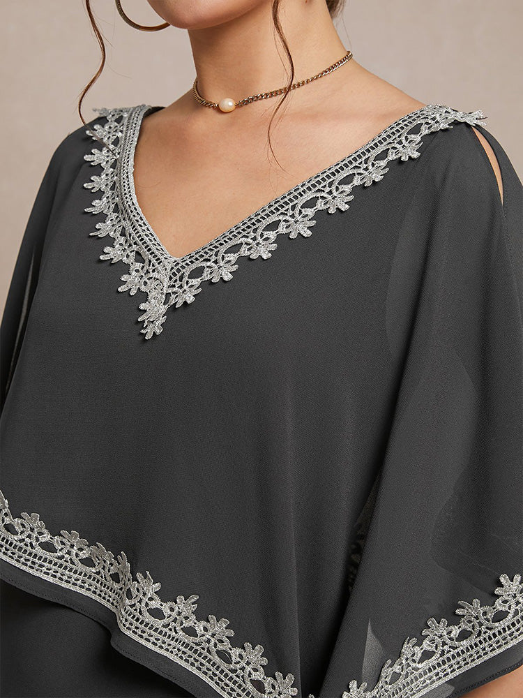 Halbe Ärmel V-Ausschnitt Tee Länge verschönert Cape Chiffon Mutter der Braut Kleid