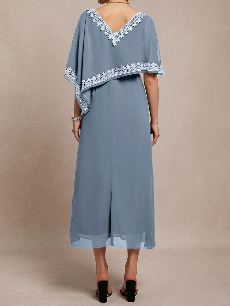 Halbe Ärmel V-Ausschnitt Tee Länge verschönert Cape Chiffon Mutter der Braut Kleid