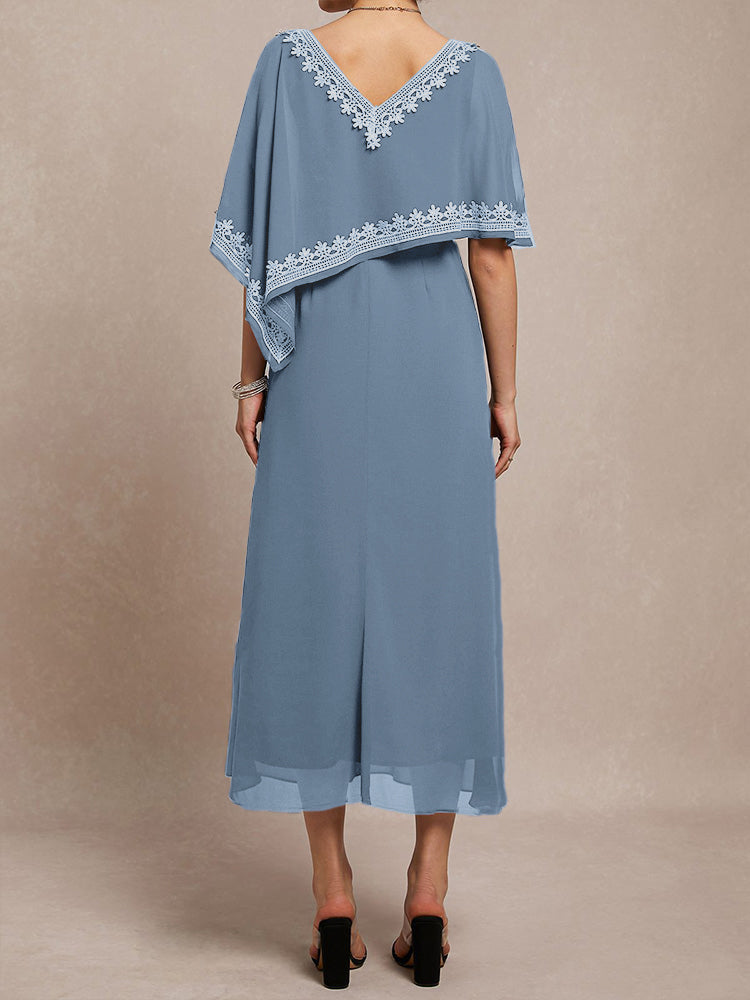 Halbe Ärmel V-Ausschnitt Tee Länge verschönert Cape Chiffon Mutter der Braut Kleid