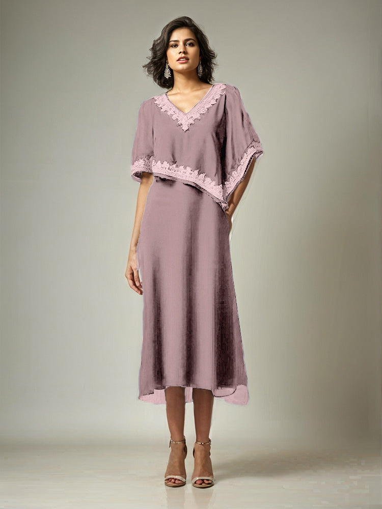 Halbe Ärmel V-Ausschnitt Tee Länge verschönert Cape Chiffon Mutter der Braut Kleid