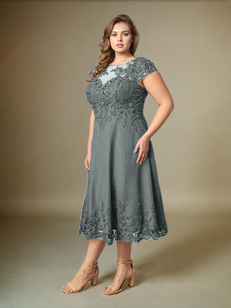 Plus Size Tee Länge Spitze Applikationen Chiffon Mutter der Braut Kleid