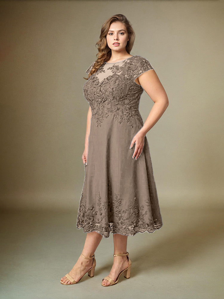 Plus Size Tee Länge Spitze Applikationen Chiffon Mutter der Braut Kleid