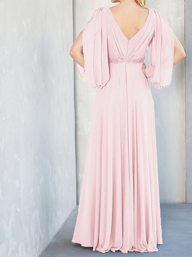 Lange Ärmel V-Ausschnitt Chiffon Perlen Taille Mutter der Braut Kleid