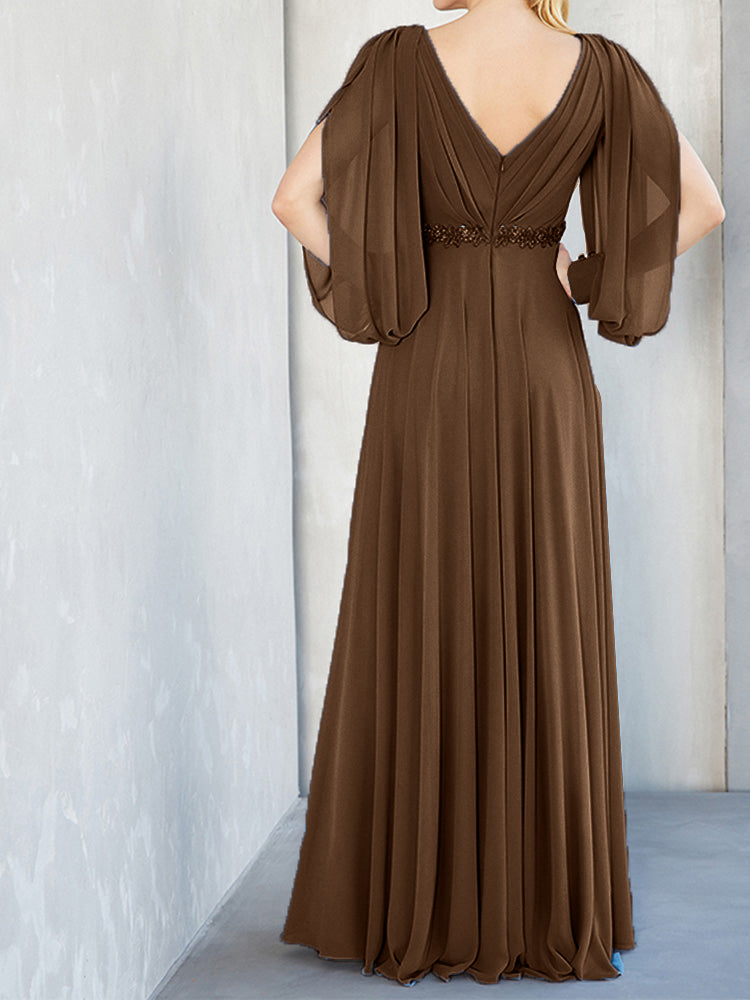 Lange Ärmel V-Ausschnitt Chiffon Perlen Taille Mutter der Braut Kleid