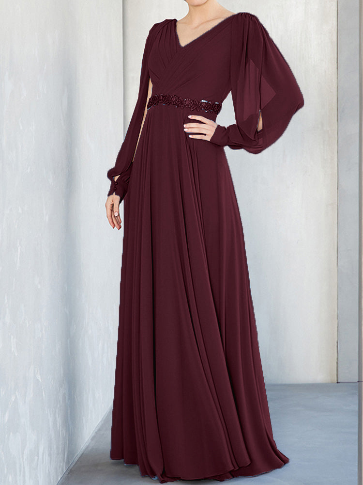 Lange Ärmel V-Ausschnitt Chiffon Perlen Taille Mutter der Braut Kleid