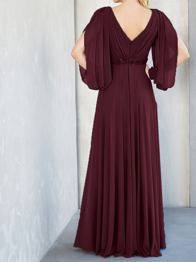 Lange Ärmel V-Ausschnitt Chiffon Perlen Taille Mutter der Braut Kleid