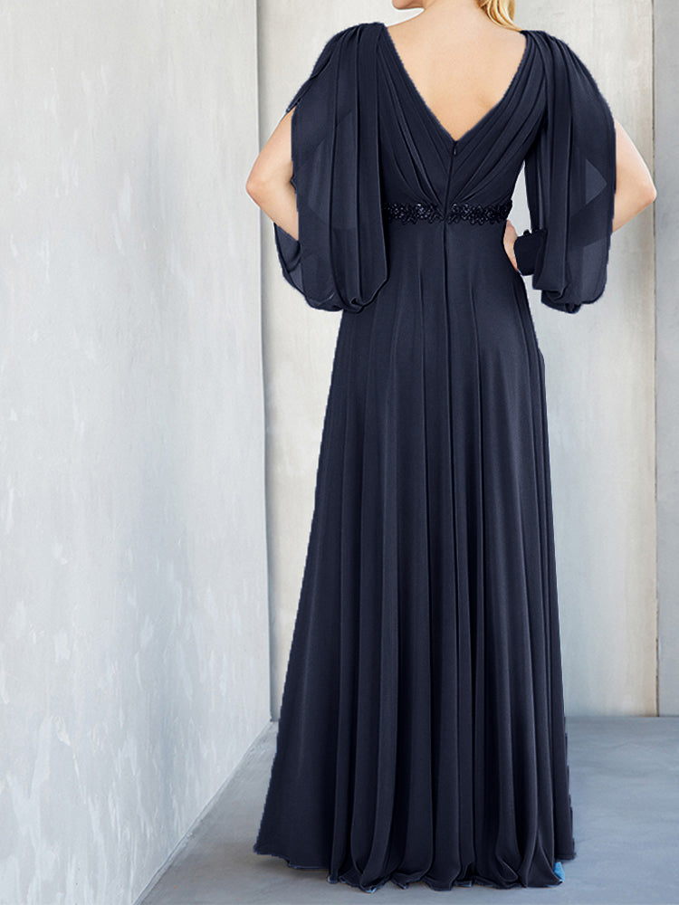 Lange Ärmel V-Ausschnitt Chiffon Perlen Taille Mutter der Braut Kleid