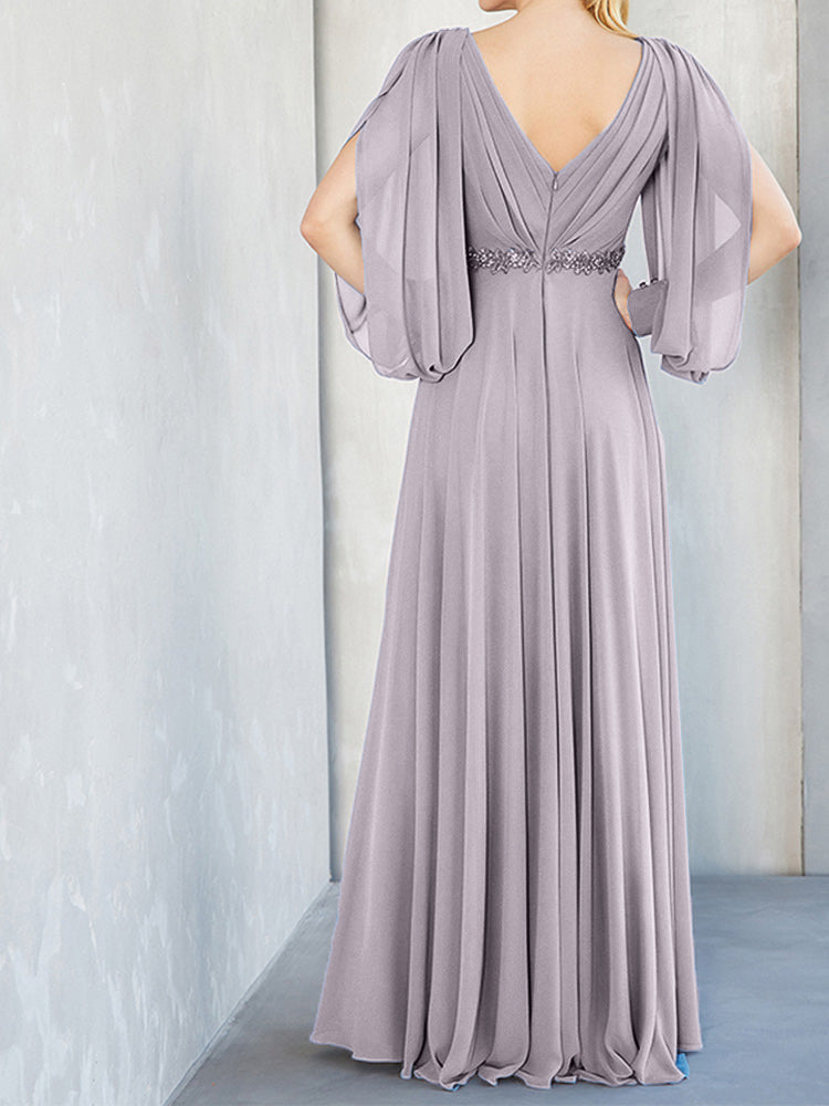 Lange Ärmel V-Ausschnitt Chiffon Perlen Taille Mutter der Braut Kleid