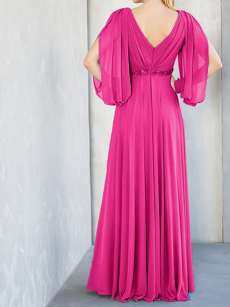 Lange Ärmel V-Ausschnitt Chiffon Perlen Taille Mutter der Braut Kleid