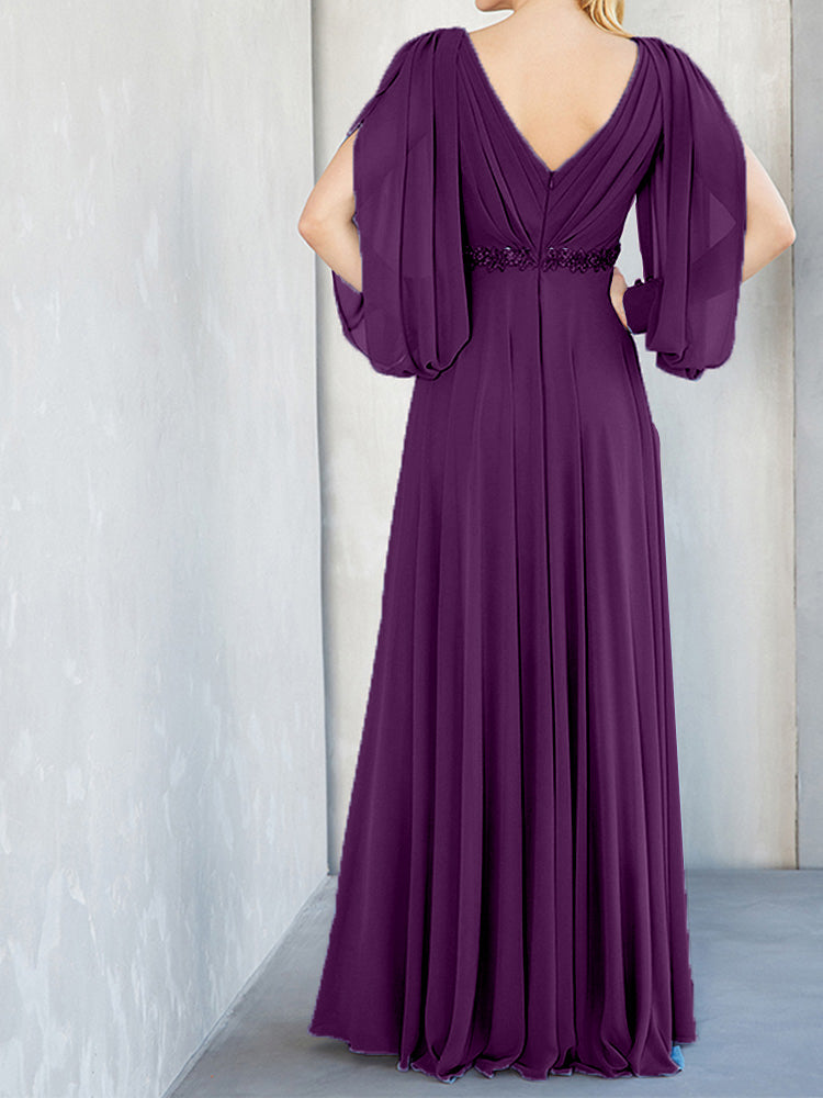 Lange Ärmel V-Ausschnitt Chiffon Perlen Taille Mutter der Braut Kleid