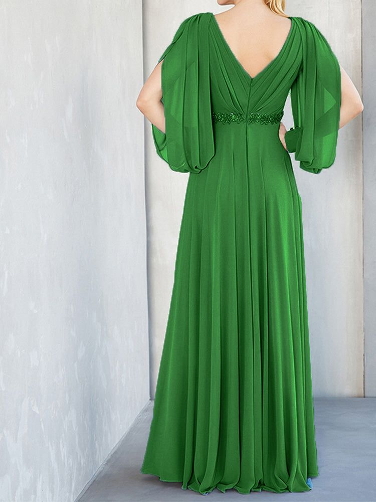 Lange Ärmel V-Ausschnitt Chiffon Perlen Taille Mutter der Braut Kleid