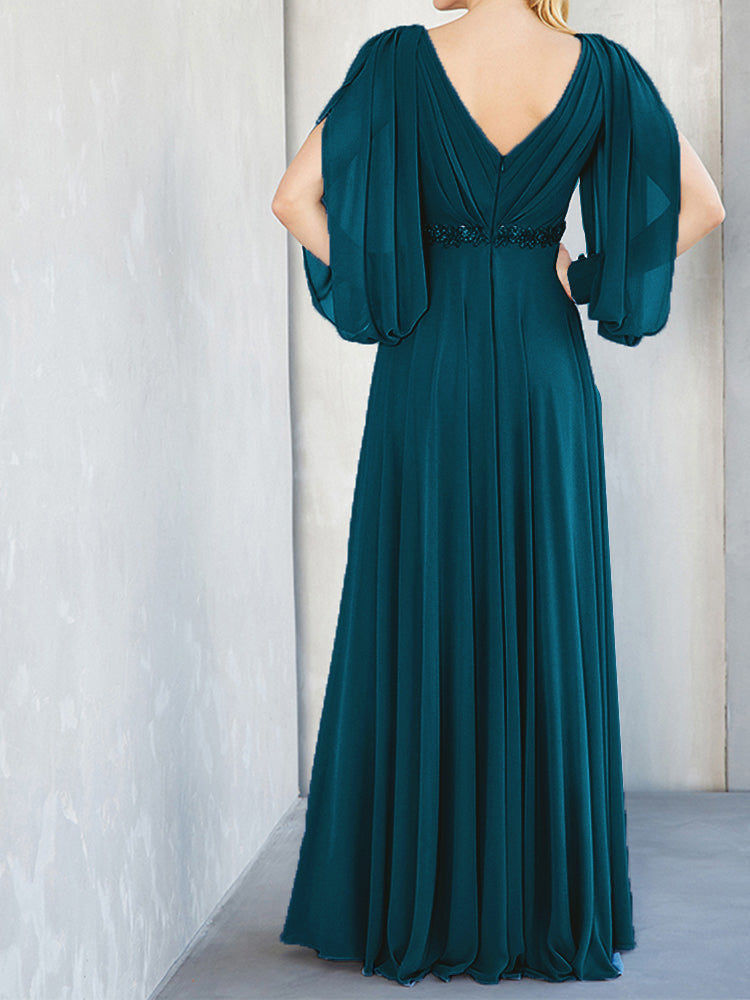 Lange Ärmel V-Ausschnitt Chiffon Perlen Taille Mutter der Braut Kleid