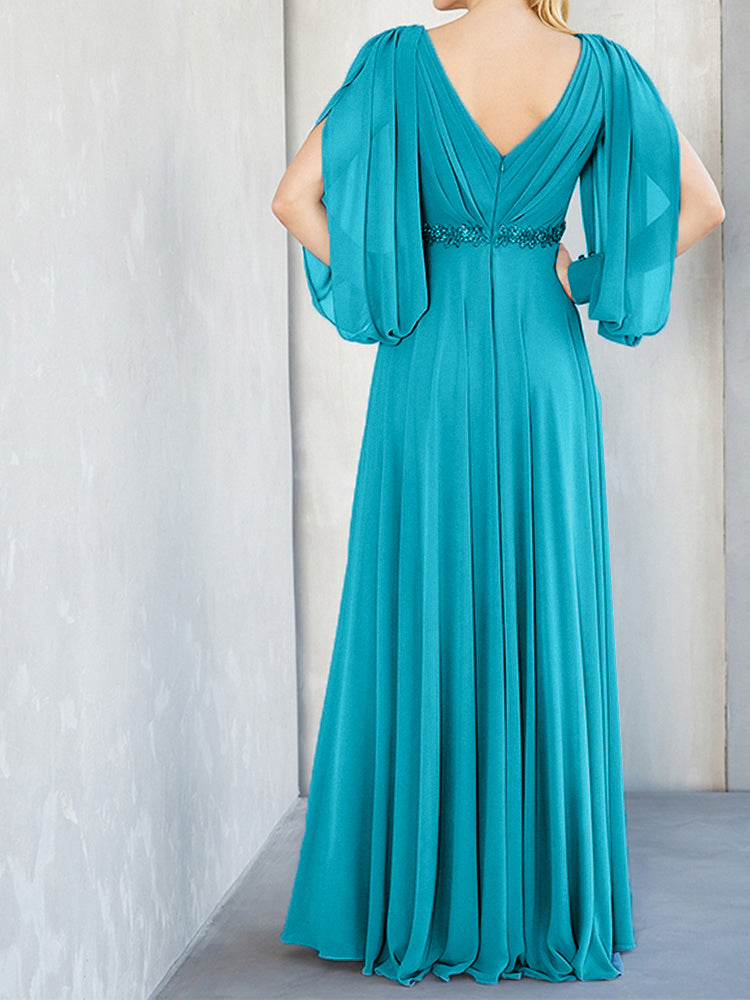 Lange Ärmel V-Ausschnitt Chiffon Perlen Taille Mutter der Braut Kleid