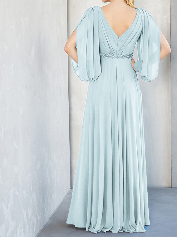 Lange Ärmel V-Ausschnitt Chiffon Perlen Taille Mutter der Braut Kleid