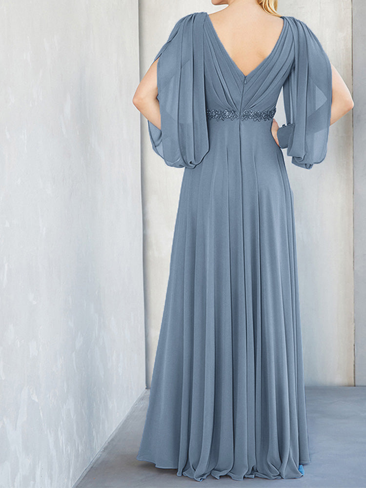 Lange Ärmel V-Ausschnitt Chiffon Perlen Taille Mutter der Braut Kleid