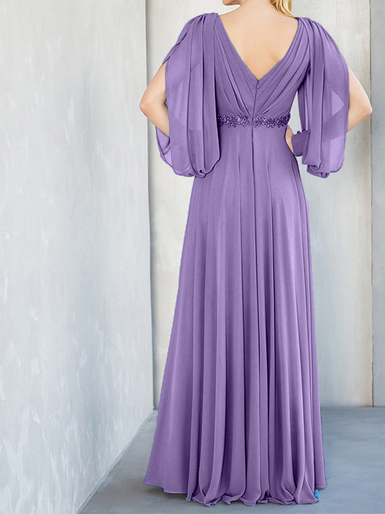 Lange Ärmel V-Ausschnitt Chiffon Perlen Taille Mutter der Braut Kleid