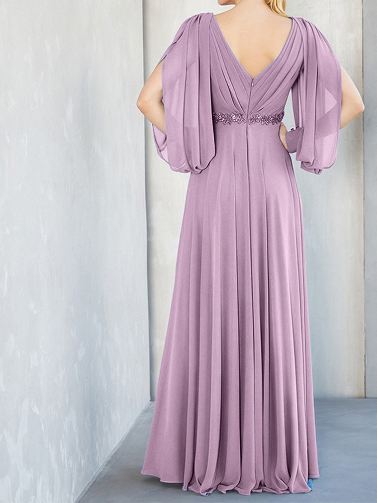 Lange Ärmel V-Ausschnitt Chiffon Perlen Taille Mutter der Braut Kleid