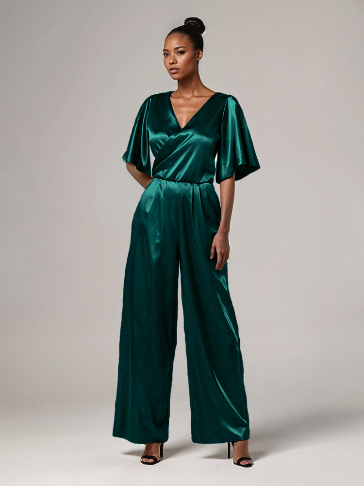 Jumpsuit/Hosenanzug V-Rücken Halbe Ärmel Weicher Satin Brautmutterkleider mit Krawatte