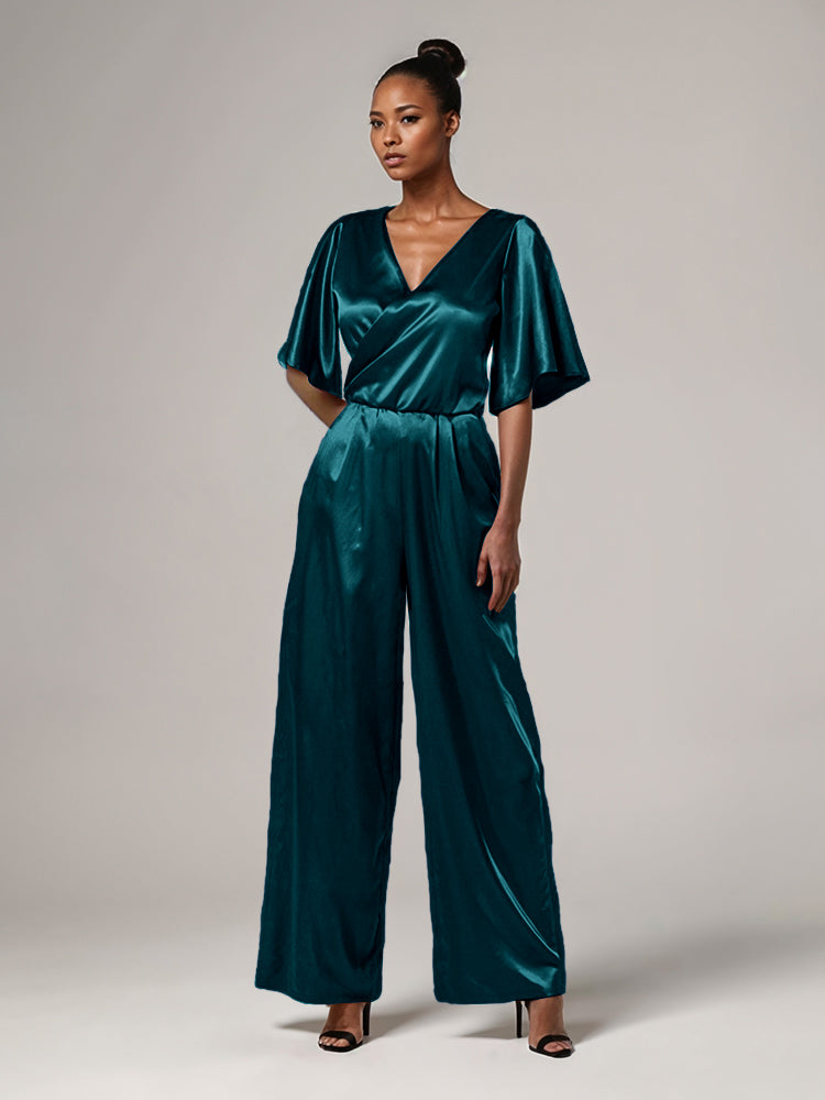 Jumpsuit/Hosenanzug V-Rücken Halbe Ärmel Weicher Satin Brautmutterkleider mit Krawatte