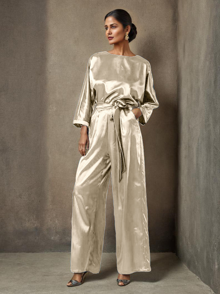 Jumpsuit/Hosenanzug Rundhalsausschnitt Lange Ärmel Weicher Satin Brautmutterkleider