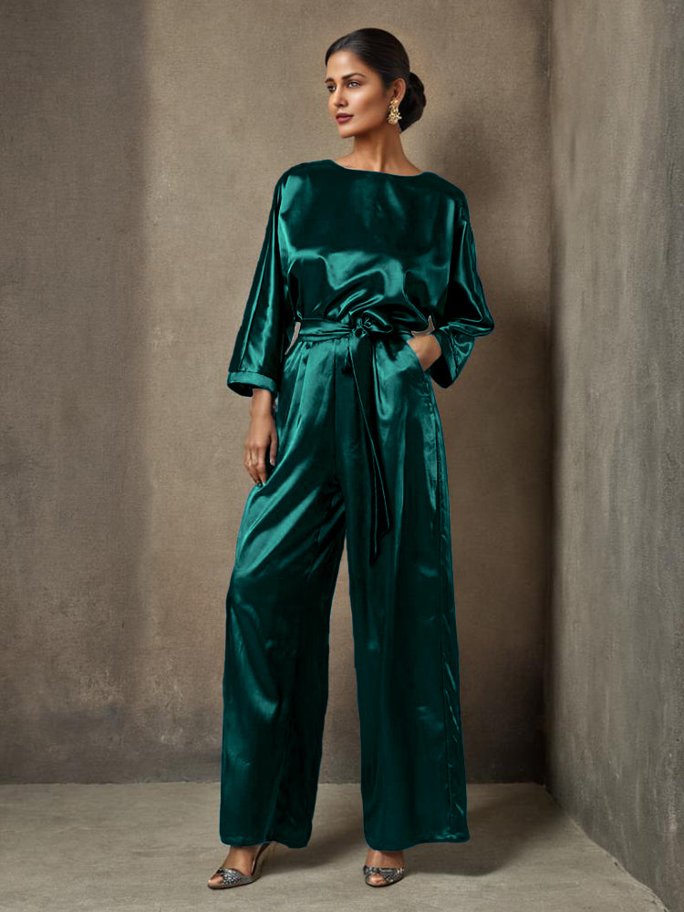 Jumpsuit/Hosenanzug Rundhalsausschnitt Lange Ärmel Weicher Satin Brautmutterkleider