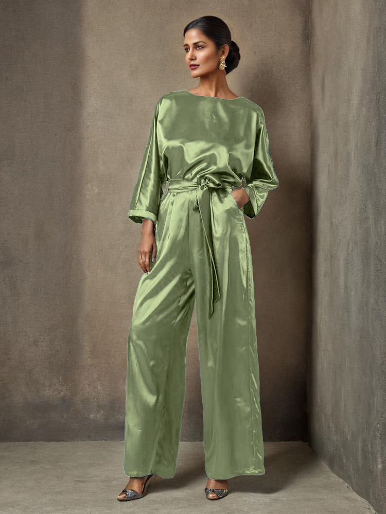 Jumpsuit/Hosenanzug Rundhalsausschnitt Lange Ärmel Weicher Satin Brautmutterkleider