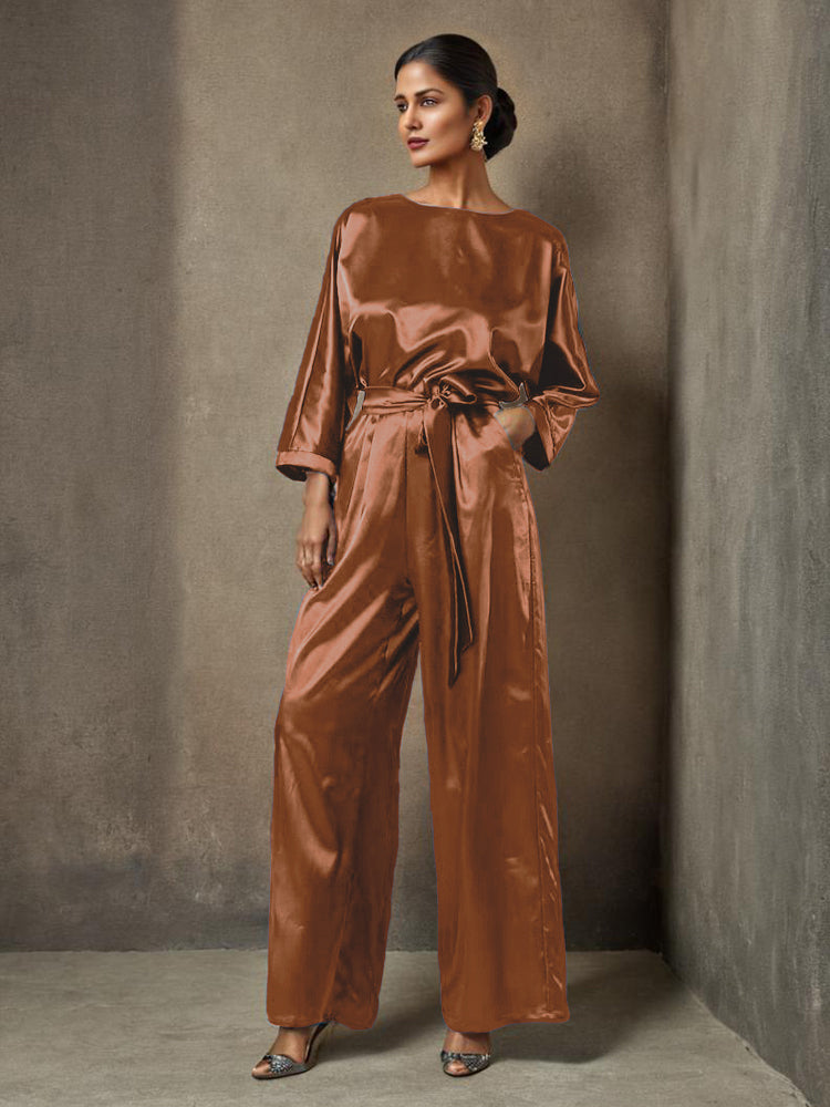 Jumpsuit/Hosenanzug Rundhalsausschnitt Lange Ärmel Weicher Satin Brautmutterkleider