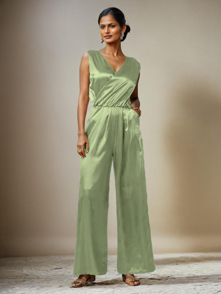 Jumpsuit/Hosenanzug V-Ausschnitt Ärmellos Soft Satin Gürtel Brautmutterkleider