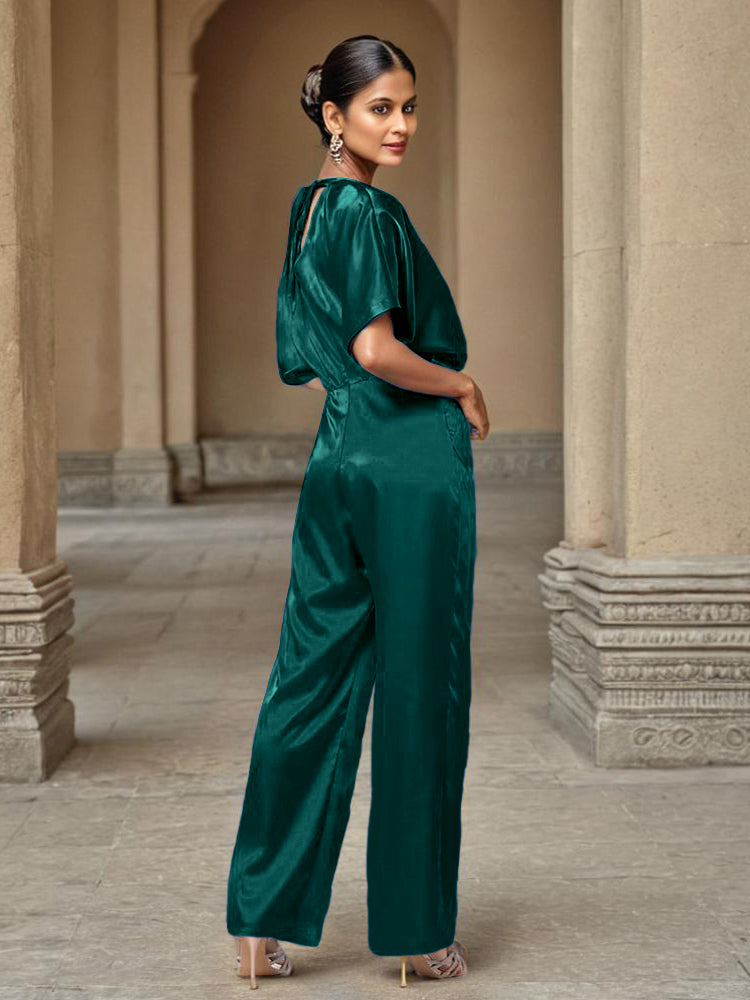 Jumpsuit/Hosenanzug Rundhalsausschnitt Halbe Ärmel Weiches Satin Brautmutterkleider mit Gürtel