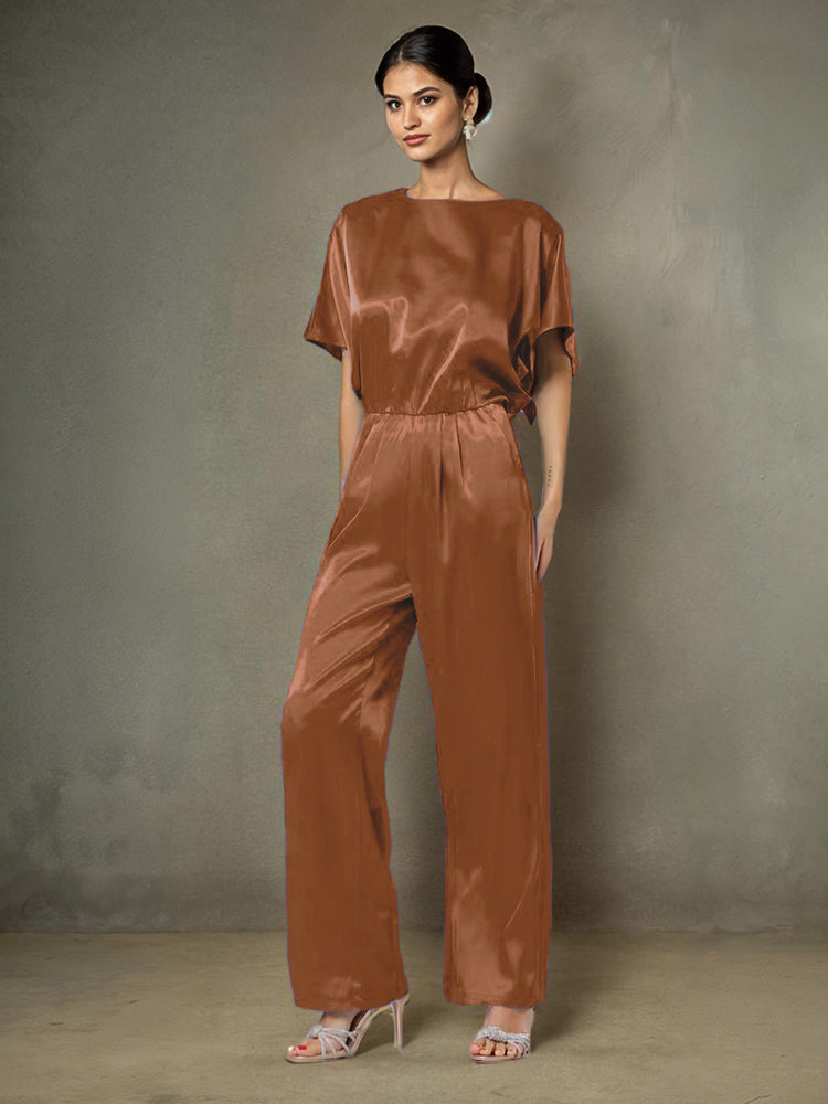 Jumpsuit/Hosenanzug Rundhalsausschnitt Halbe Ärmel Weiches Satin Brautmutterkleider mit Gürtel