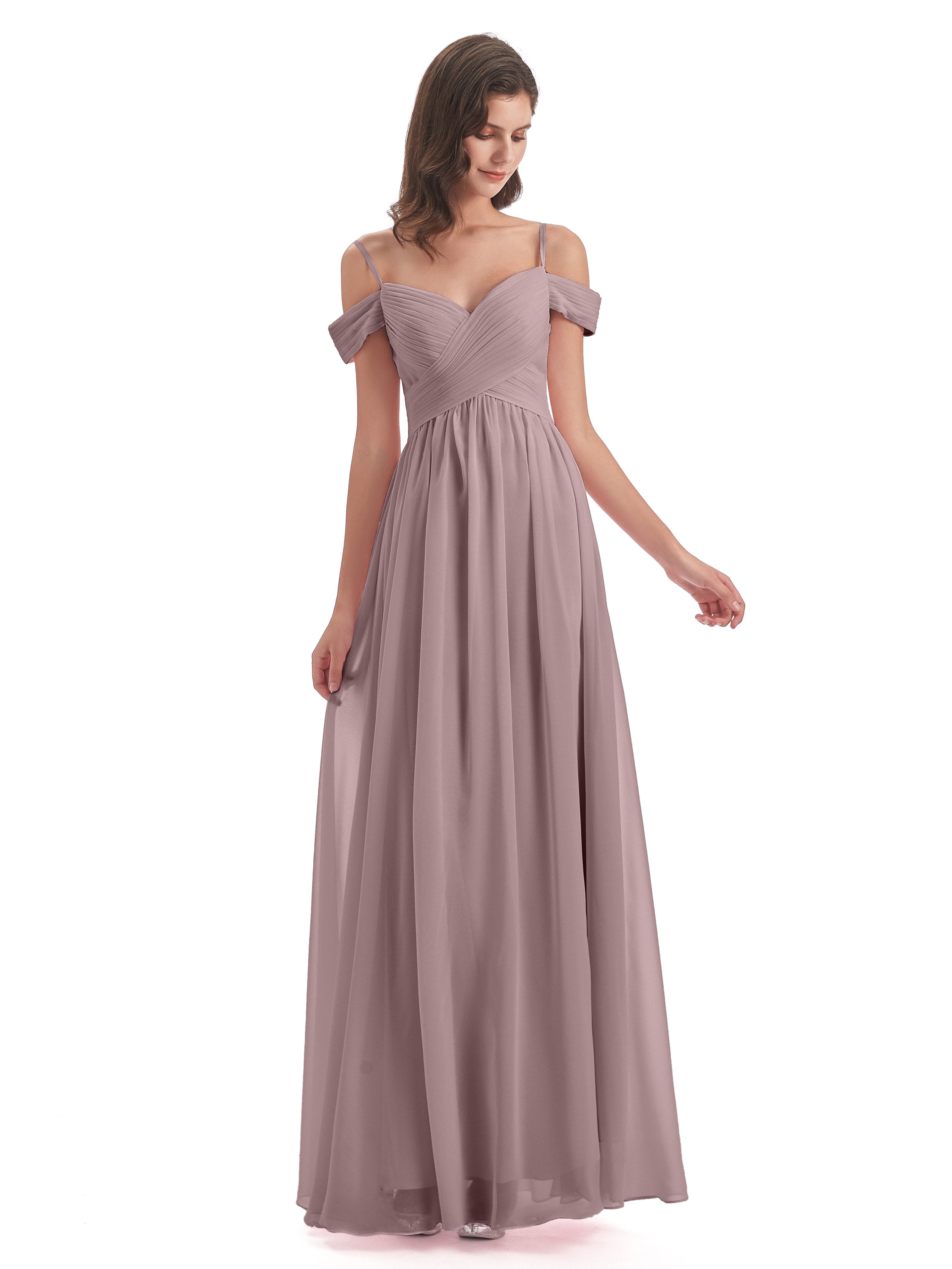 Mia A-Linie Bodenlange Schulterfreie Chiffon Lange Brautjungfernkleider