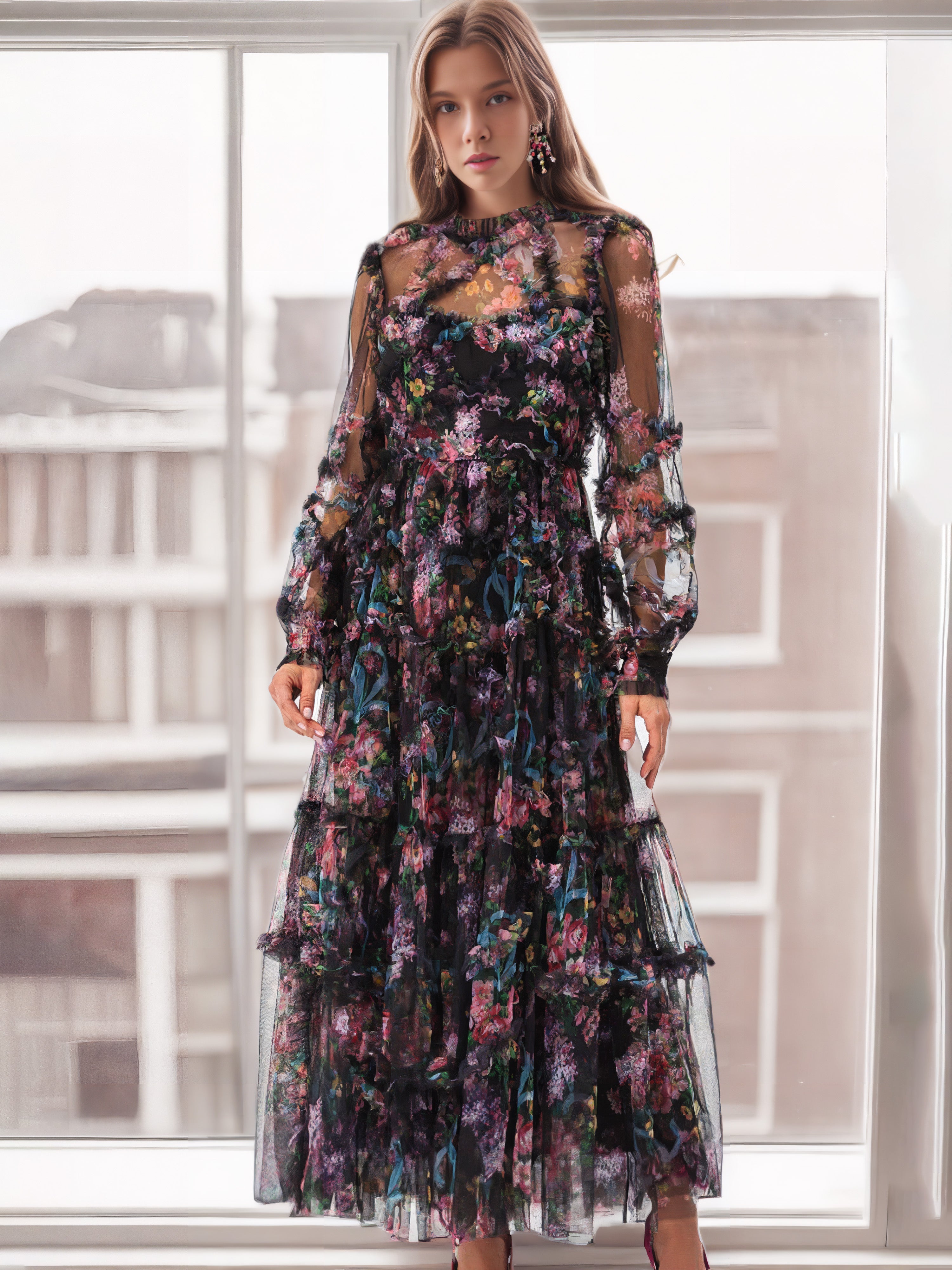 Mock Neck Floral Lange Ärmel Tüll Tiered Ruffle Abendkleider