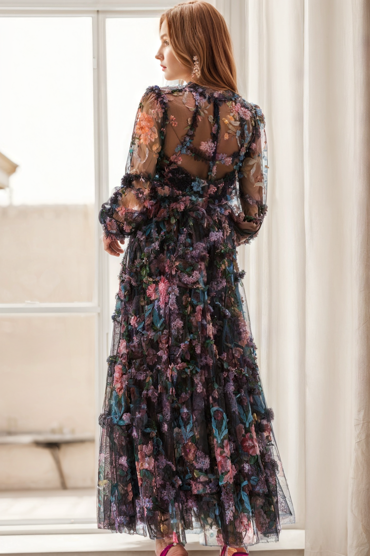 Mock Neck Floral Lange Ärmel Tüll Tiered Ruffle Hochzeit Gastkleider