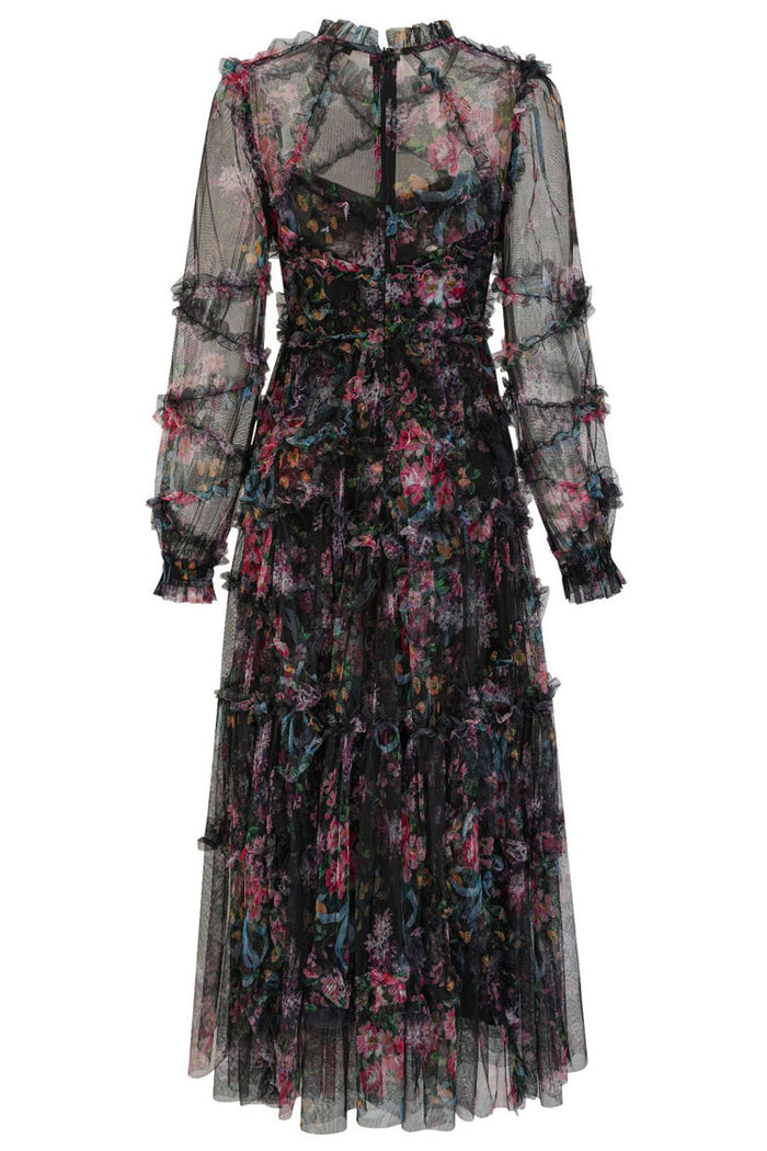 Mock Neck Floral Lange Ärmel Tüll Tiered Ruffle Hochzeit Gastkleider