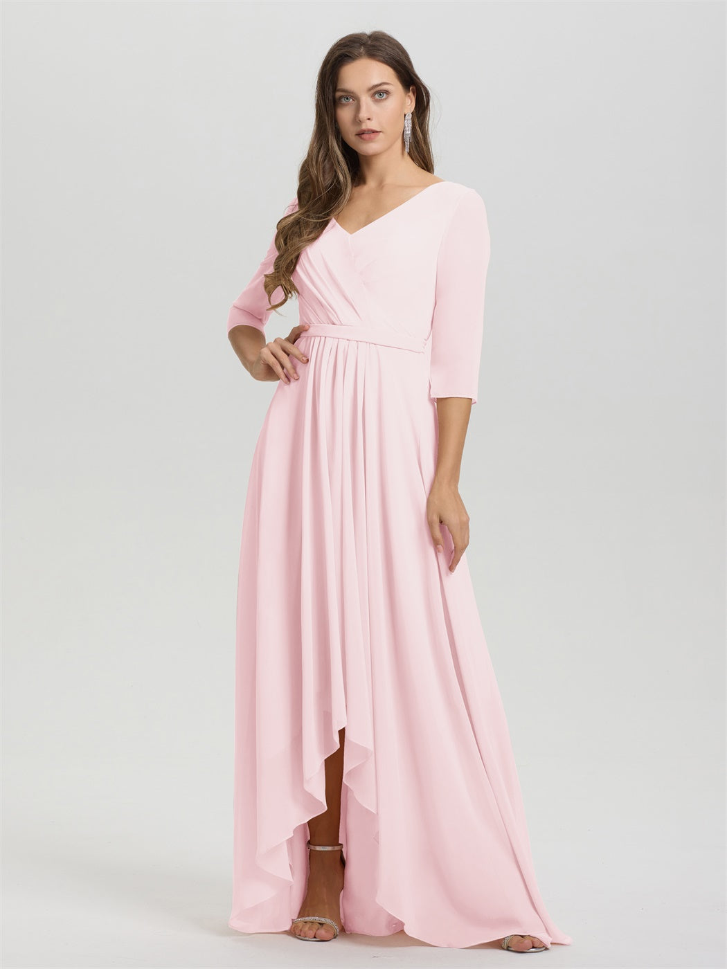 Fließende 3/4 Ärmel V-Ausschnitt Asymmetrisch Hoch Niedrig Chiffon Brautjungfernkleid