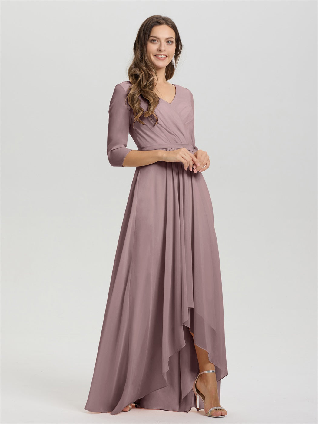 Fließende 3/4 Ärmel V-Ausschnitt Asymmetrisch Hoch Niedrig Chiffon Brautjungfernkleid