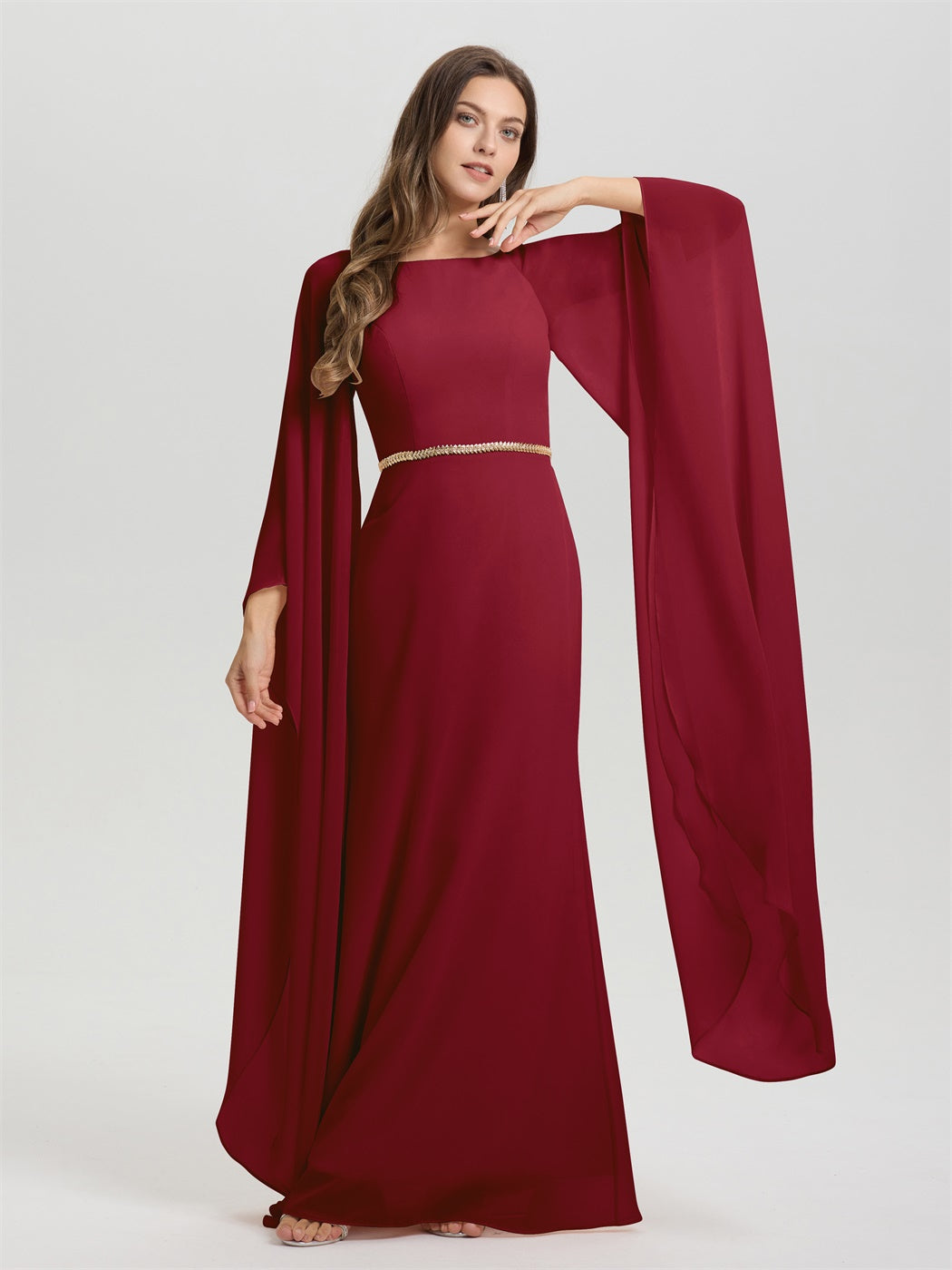 Mantel Fließend Lange Ärmel Tailliert Zip Zurück Chiffon Brautjungfer Kleid