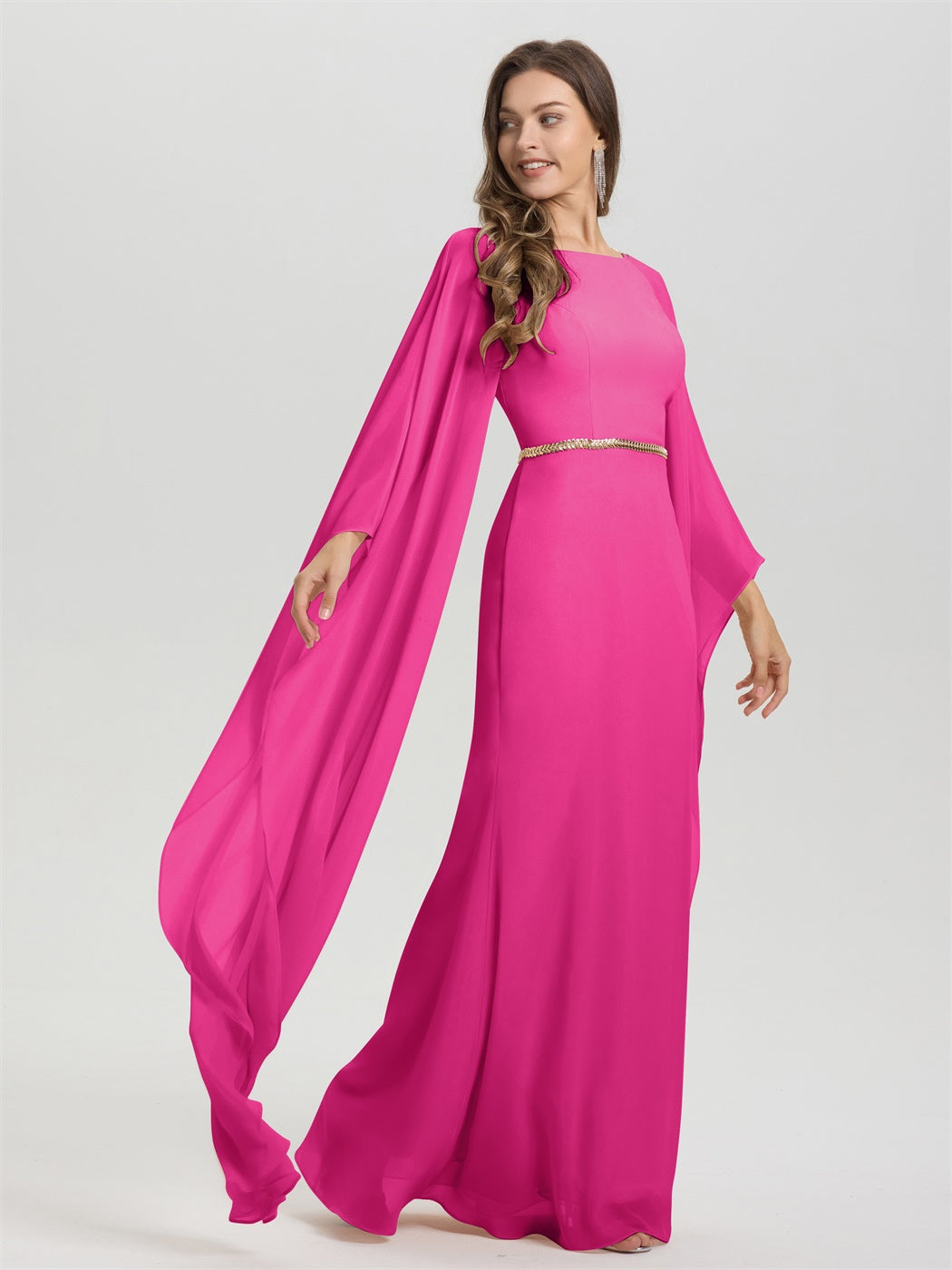 Mantel Fließend Lange Ärmel Tailliert Zip Zurück Chiffon Brautjungfer Kleid