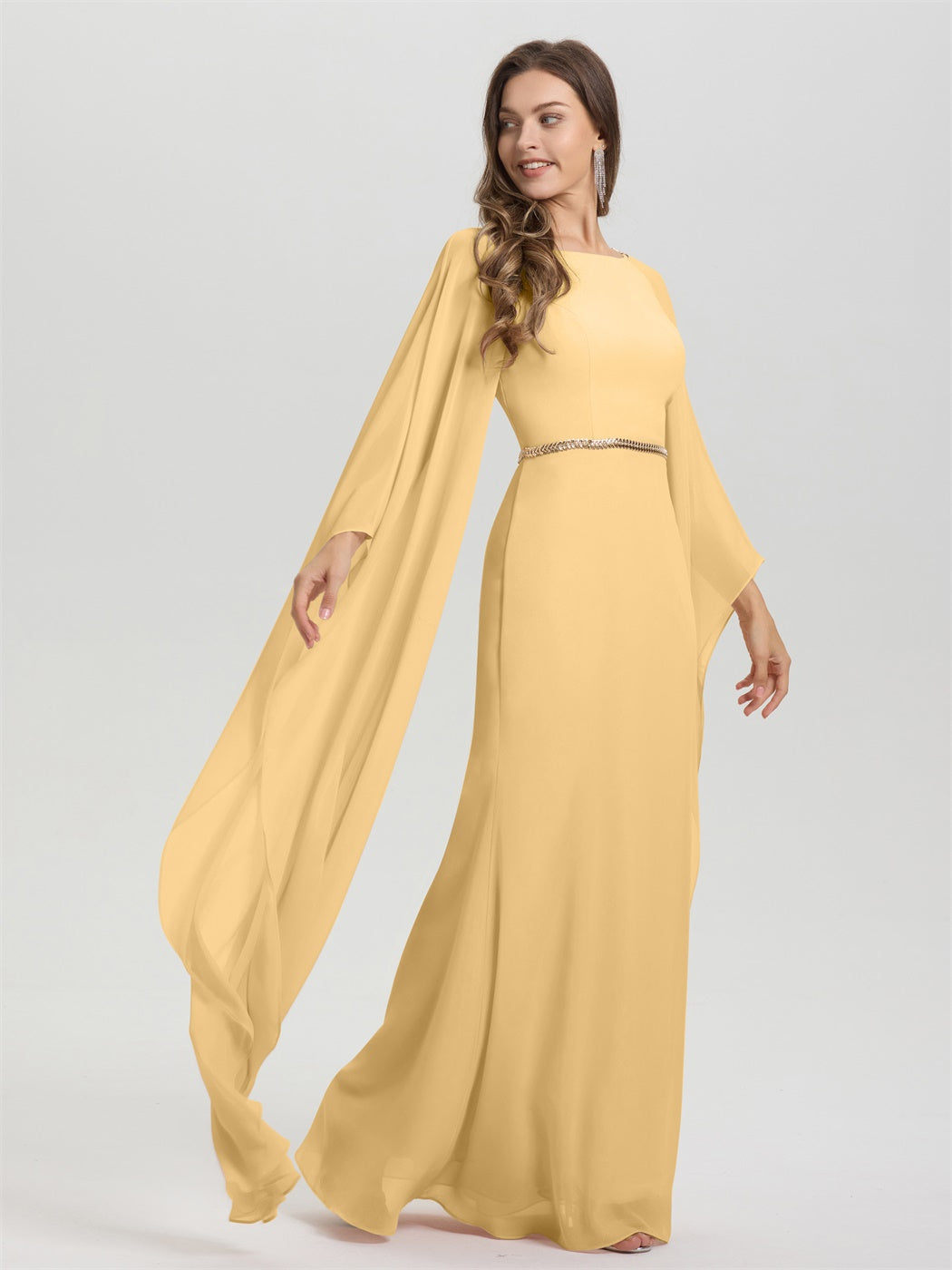 Mantel Fließend Lange Ärmel Tailliert Zip Zurück Chiffon Brautjungfer Kleid