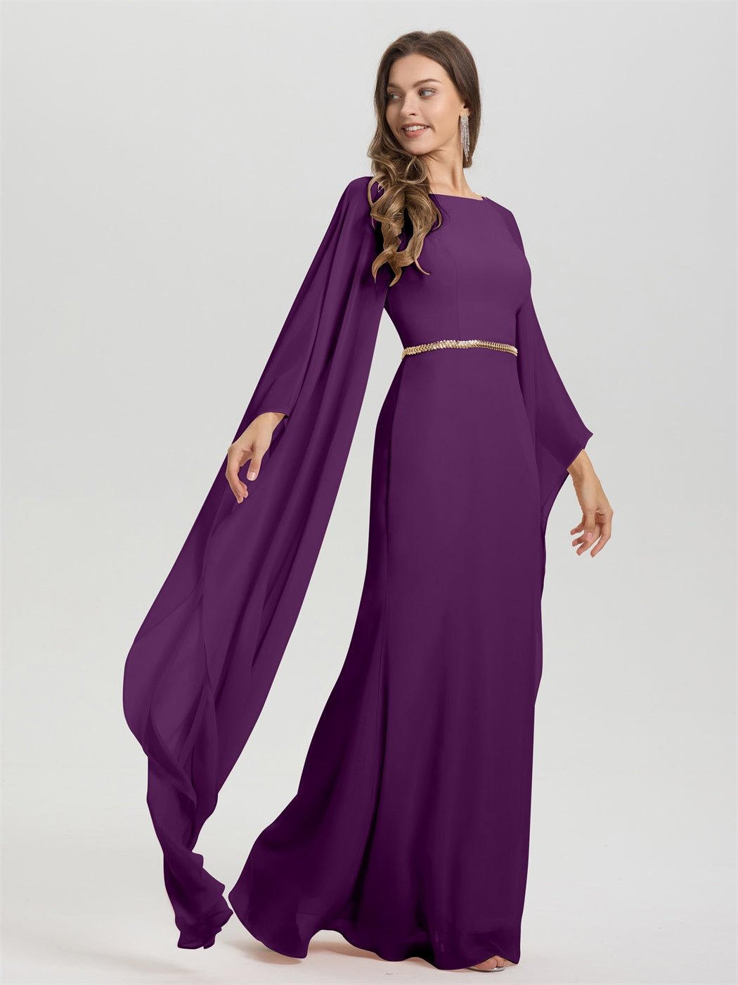 Mantel Fließend Lange Ärmel Tailliert Zip Zurück Chiffon Brautjungfer Kleid