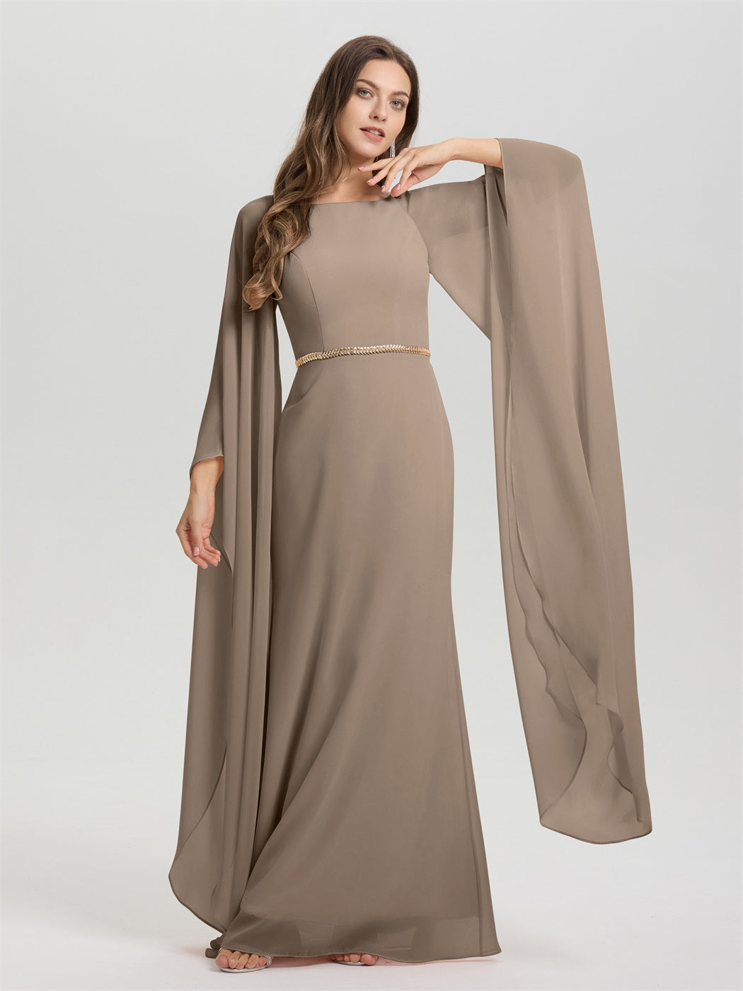 Mantel Fließend Lange Ärmel Tailliert Zip Zurück Chiffon Brautjungfer Kleid