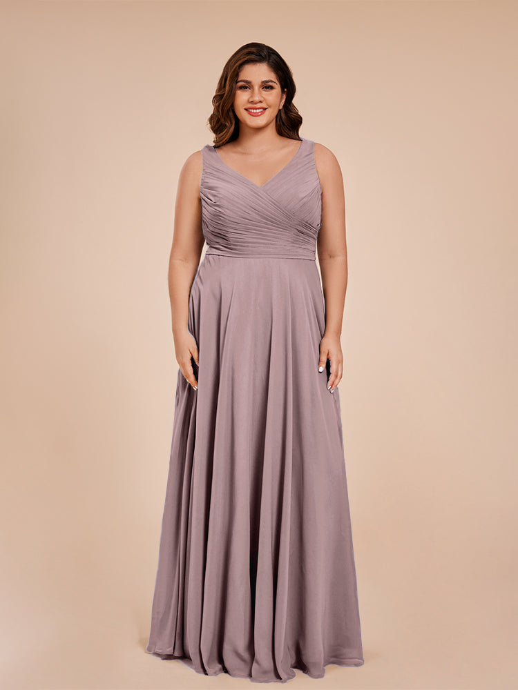 Übergröße Ryleigh V-Ausschnitt Lange Chiffon Brautjungfernkleider